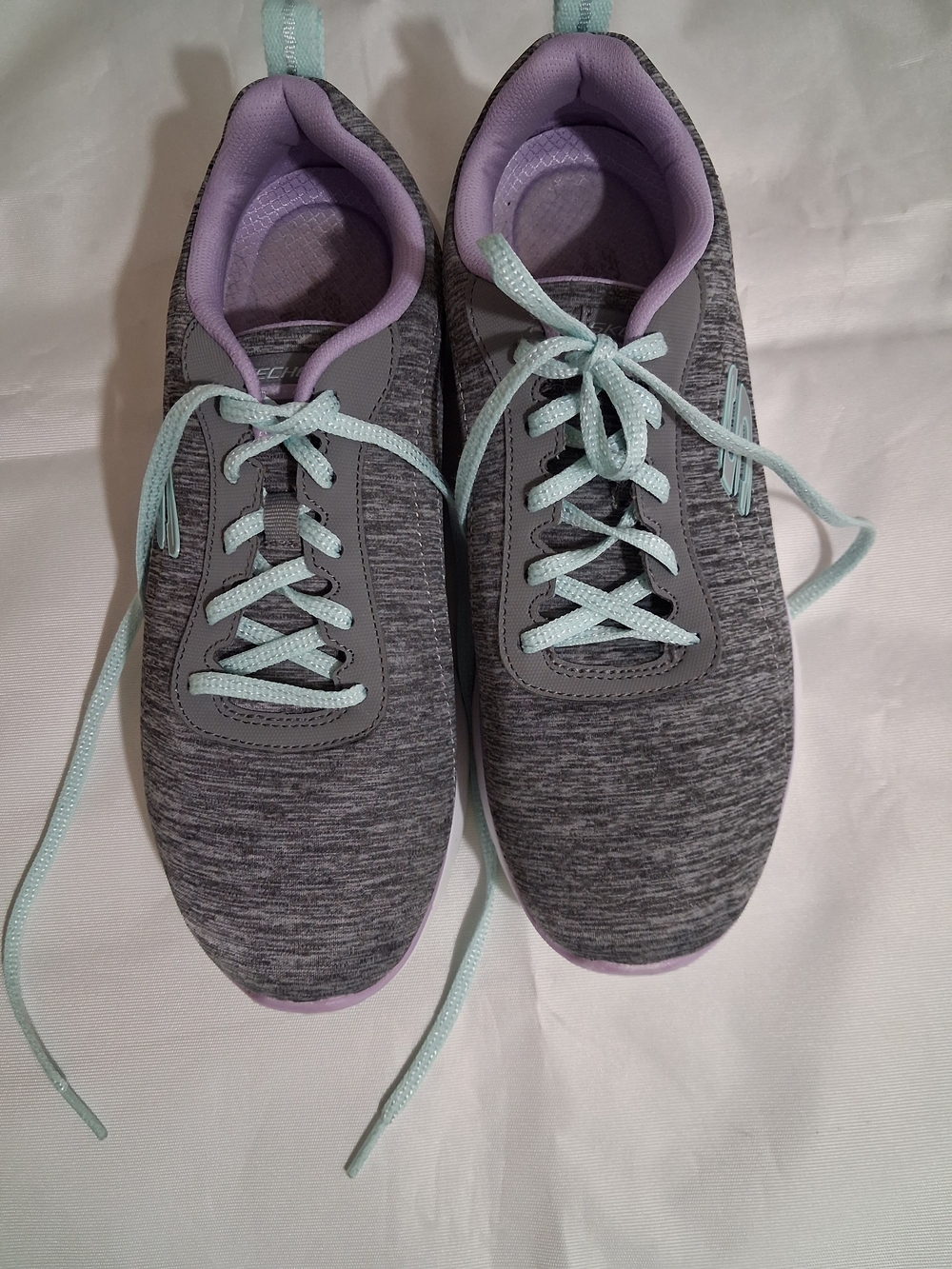 Skechers Gray Knit Athletic Sneakers with Mint Laces and Lavender Lining